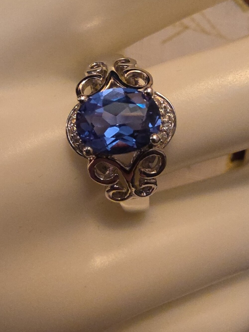 JTV Lab Created Blue Spinel White Zircon Sterling Silver Ring SZ 10